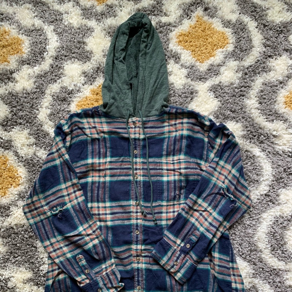 American Eagle Distressed Hooded Flannel